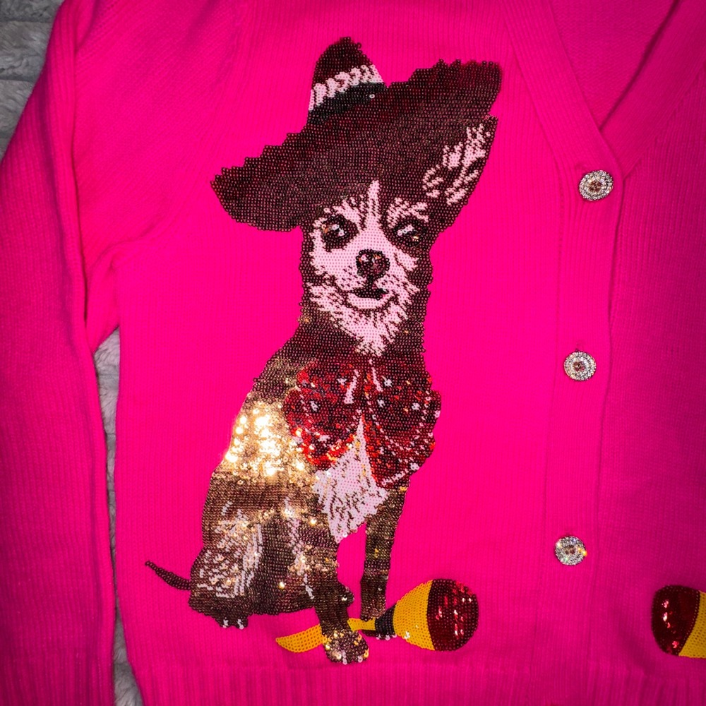 Queen of Sparkles Pink Chihuahua Sequin Cardigan Sweater Sombrero Maraca Small - Picture 7 of 13